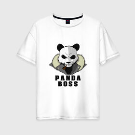 Женская футболка хлопок Oversize с принтом Panda Boss в Рязани, 100% хлопок | свободный крой, круглый ворот, спущенный рукав, длина до линии бедер
 | банда | большой | босс | важный | главарь | главный | директор | крутой | круче всех | лидер | мех | панда | россия | русский | самый | супер | трубка | шуба