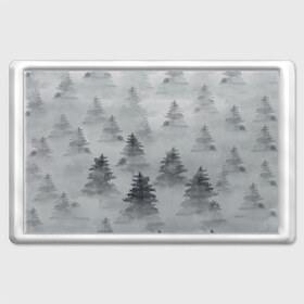 Магнит 45*70 с принтом Туманный лес в Рязани, Пластик | Размер: 78*52 мм; Размер печати: 70*45 | бор | вечер | деревья | елка | еловый | ель | загадочный | земля | зима | лес | мрачный | необычный | природа | серый | сибирь | снег | тайга | туман | хвойный