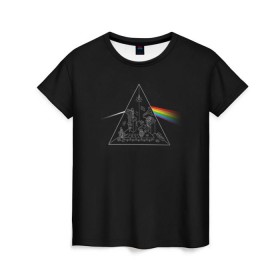 Женская футболка 3D с принтом Pink Floyd Make Rainbow в Рязани, 100% полиэфир ( синтетическое хлопкоподобное полотно) | прямой крой, круглый вырез горловины, длина до линии бедер | англия | басы | британия | гитара | группа | логотип | музыка | песни | пинк флойд | призма | радуга | рок | свет