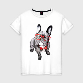 Женская футболка хлопок с принтом Бульдог в Рязани, 100% хлопок | прямой крой, круглый вырез горловины, длина до линии бедер, слегка спущенное плечо | bulldog | dog | бабочка | бульдог в очках | в очках | дог | очки | собака