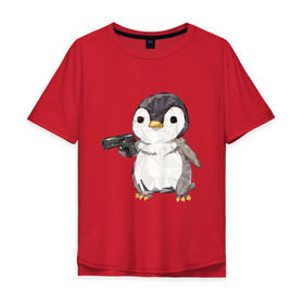 Мужская футболка хлопок Oversize с принтом Пингвин с пистолетом в Рязани, 100% хлопок | свободный крой, круглый ворот, “спинка” длиннее передней части | Тематика изображения на принте: 