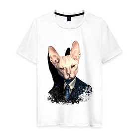Мужская футболка хлопок с принтом Сфинкс в Рязани, 100% хлопок | прямой крой, круглый вырез горловины, длина до линии бедер, слегка спущенное плечо. | Тематика изображения на принте: кот | лысый кот