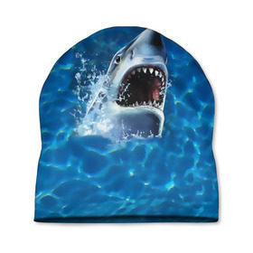 Шапка 3D с принтом Пасть акулы в Рязани, 100% полиэстер | универсальный размер, печать по всей поверхности изделия | акула | атака | белая | брызги | вода | волны | зубы | капли | море | океан | опасность | синяя | челюсти | эффект
