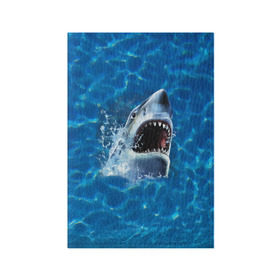 Обложка для паспорта матовая кожа с принтом Пасть акулы в Рязани, натуральная матовая кожа | размер 19,3 х 13,7 см; прозрачные пластиковые крепления | акула | атака | белая | брызги | вода | волны | зубы | капли | море | океан | опасность | синяя | челюсти | эффект
