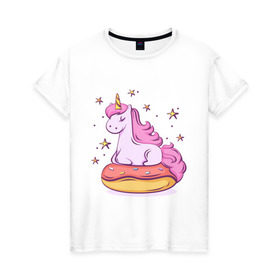Женская футболка хлопок с принтом Единорог в Рязани, 100% хлопок | прямой крой, круглый вырез горловины, длина до линии бедер, слегка спущенное плечо | donut | pink | star | unicorn | единорог | звезды | конь | милота | пончик | сказка