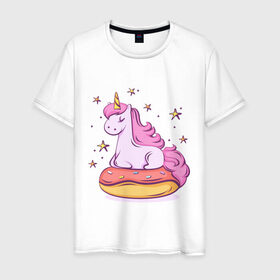 Мужская футболка хлопок с принтом Единорог в Рязани, 100% хлопок | прямой крой, круглый вырез горловины, длина до линии бедер, слегка спущенное плечо. | donut | pink | star | unicorn | единорог | звезды | конь | милота | пончик | сказка