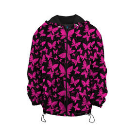Детская куртка 3D с принтом Розовые бабочки в Рязани, 100% полиэстер | застежка — молния, подол и капюшон оформлены резинкой с фиксаторами, по бокам — два кармана без застежек, один потайной карман на груди, плотность верхнего слоя — 90 г/м2; плотность флисового подклада — 260 г/м2 | butterflies | pink | бабочки | красота | крылья | нежность | орнамент | розовый | узор