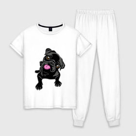 Женская пижама хлопок с принтом Забавный мопсик в Рязани, 100% хлопок | брюки и футболка прямого кроя, без карманов, на брюках мягкая резинка на поясе и по низу штанин | animal | dog | pet | pug | puppy | арт | животные | милые | мопс | пес | собаки | французский бульдог