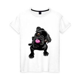 Женская футболка хлопок с принтом Забавный мопсик в Рязани, 100% хлопок | прямой крой, круглый вырез горловины, длина до линии бедер, слегка спущенное плечо | animal | dog | pet | pug | puppy | арт | животные | милые | мопс | пес | собаки | французский бульдог