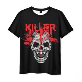 Мужская футболка 3D с принтом Killer в Рязани, 100% полиэфир | прямой крой, круглый вырез горловины, длина до линии бедер | blood | dead | death | drops | fear | halloween | happy | holiday | killer | red | skull | splashes | брызги | капли | красный | кровь | мертвый | праздник | счастливый | хэллоуин | череп