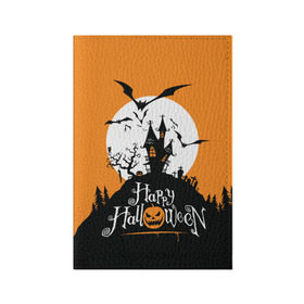 Обложка для паспорта матовая кожа с принтом Happy Halloween в Рязани, натуральная матовая кожа | размер 19,3 х 13,7 см; прозрачные пластиковые крепления | Тематика изображения на принте: cemetery | corpse | flying | forest | gallows | halloween | happy | holiday | house | mice | moon | night | owl | pumpkin | silhouette | tree | виселица | дерево | дом | кладбище | ле | летучие | луна | мертвец | мыши | ночь | праздник | силуэт | сова | с