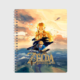 Тетрадь с принтом The Legend of Zelda в Рязани, 100% бумага | 48 листов, плотность листов — 60 г/м2, плотность картонной обложки — 250 г/м2. Листы скреплены сбоку удобной пружинной спиралью. Уголки страниц и обложки скругленные. Цвет линий — светло-серый
 | Тематика изображения на принте: breath of the wild | the legend of zelda