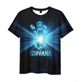 Мужская футболка 3D с принтом Группа Nirvana в Рязани, 100% полиэфир | прямой крой, круглый вырез горловины, длина до линии бедер | kurt cobain | nirvana | вечная память | гитара | гранж | кумир | курт кобейн | лучи | микрофон | музыкант | надпись | нирвана | певец | рок | свет