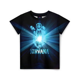 Детская футболка 3D с принтом Группа Nirvana в Рязани, 100% гипоаллергенный полиэфир | прямой крой, круглый вырез горловины, длина до линии бедер, чуть спущенное плечо, ткань немного тянется | kurt cobain | nirvana | вечная память | гитара | гранж | кумир | курт кобейн | лучи | микрофон | музыкант | надпись | нирвана | певец | рок | свет