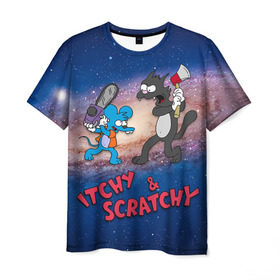 Мужская футболка 3D с принтом Itchy & Scratchy space в Рязани, 100% полиэфир | прямой крой, круглый вырез горловины, длина до линии бедер | simpsons | the itchy  scratchy | симпсоны | щекотка и царапка