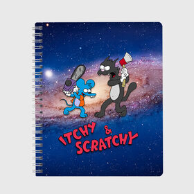 Тетрадь с принтом Itchy & Scratchy space в Рязани, 100% бумага | 48 листов, плотность листов — 60 г/м2, плотность картонной обложки — 250 г/м2. Листы скреплены сбоку удобной пружинной спиралью. Уголки страниц и обложки скругленные. Цвет линий — светло-серый
 | simpsons | the itchy  scratchy | симпсоны | щекотка и царапка