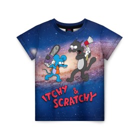 Детская футболка 3D с принтом Itchy & Scratchy space в Рязани, 100% гипоаллергенный полиэфир | прямой крой, круглый вырез горловины, длина до линии бедер, чуть спущенное плечо, ткань немного тянется | simpsons | the itchy  scratchy | симпсоны | щекотка и царапка