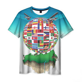 Мужская футболка 3D с принтом Флаги в Рязани, 100% полиэфир | прямой крой, круглый вырез горловины, длина до линии бедер | Тематика изображения на принте: америка | казахстан | карта | россия | туризм | флаг | флаги | шар