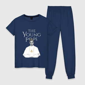 Женская пижама хлопок с принтом Молодой Папа The Young Pope в Рязани, 100% хлопок | брюки и футболка прямого кроя, без карманов, на брюках мягкая резинка на поясе и по низу штанин | the young pope | джуд лоу | молодой папа