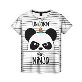 Женская футболка 3D с принтом 5% Единорог 95% Ниндзя в Рязани, 100% полиэфир ( синтетическое хлопкоподобное полотно) | прямой крой, круглый вырез горловины, длина до линии бедер | animals | ninja | panda | rainbow | stripes | единорог | животные | зверь | линии | ниндзя | панда | полосы | радуга | самурай