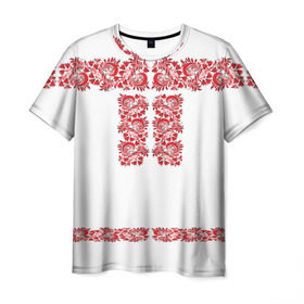 Мужская футболка 3D с принтом Вышиванка в Рязани, 100% полиэфир | прямой крой, круглый вырез горловины, длина до линии бедер | белорусская | вышиванка | древнерусская | к празднику | косоворотка | красные | масленица | национальная одежда | патриотическая | рубаха | русская | узоры | украинская