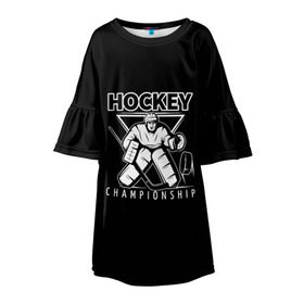 Детское платье 3D с принтом Hockey Championship в Рязани, 100% полиэстер | прямой силуэт, чуть расширенный к низу. Круглая горловина, на рукавах — воланы | Тематика изображения на принте: bandy | hockey | клюшка | коньки | лед | спорт | хоккей