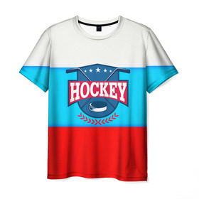 Мужская футболка 3D с принтом Hockey Russia в Рязани, 100% полиэфир | прямой крой, круглый вырез горловины, длина до линии бедер | Тематика изображения на принте: bandy | hockey | клюшка | коньки | лед | россия | русский хоккей | спорт | хоккей