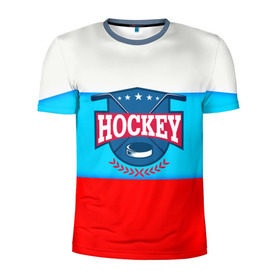 Мужская футболка 3D спортивная с принтом Hockey Russia в Рязани, 100% полиэстер с улучшенными характеристиками | приталенный силуэт, круглая горловина, широкие плечи, сужается к линии бедра | Тематика изображения на принте: bandy | hockey | клюшка | коньки | лед | россия | русский хоккей | спорт | хоккей