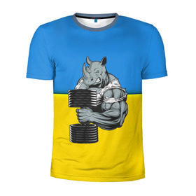 Мужская футболка 3D спортивная с принтом Спортивный носорог в Рязани, 100% полиэстер с улучшенными характеристиками | приталенный силуэт, круглая горловина, широкие плечи, сужается к линии бедра | abstraction | grunge | абстракция | два цвета | краска | носорог | украинец | я украинец