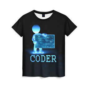 Женская футболка 3D с принтом Coder - программист кодировщик в Рязани, 100% полиэфир ( синтетическое хлопкоподобное полотно) | прямой крой, круглый вырез горловины, длина до линии бедер | Тематика изображения на принте: it | programmer | голова | загрузка | код | надпись | неоновый | ноги | программный | руки | светящийся | страница | технологии | хакер | человек | человечек | шифровальщик | экран