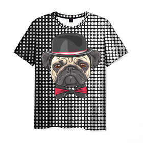Мужская футболка 3D с принтом Mr. Pug в Рязани, 100% полиэфир | прямой крой, круглый вырез горловины, длина до линии бедер | Тематика изображения на принте: animal | dog | pet | pug | puppy | арт | горошек | джентльмен | животные | кружочки | мопс | мопсик | пес | собаки | текстура | французский бульдог