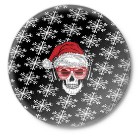 Значок с принтом Santa Skull хипстер в Рязани,  металл | круглая форма, металлическая застежка в виде булавки | Тематика изображения на принте: дед мороз | новогодний | паттерн | санта | снег | снежинки