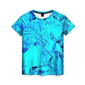 Женская футболка 3D с принтом Голубые краски в Рязани, 100% полиэфир ( синтетическое хлопкоподобное полотно) | прямой крой, круглый вырез горловины, длина до линии бедер | Тематика изображения на принте: watercolor | абстракция красок | акварель | брызги красок | краска | потертость красок