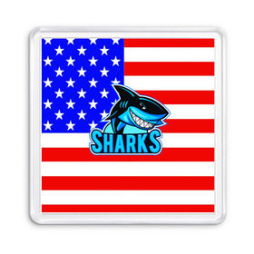 Магнит 55*55 с принтом Sharks USA в Рязани, Пластик | Размер: 65*65 мм; Размер печати: 55*55 мм | sharks | usa | акула | америка | американец | символика америки | сша