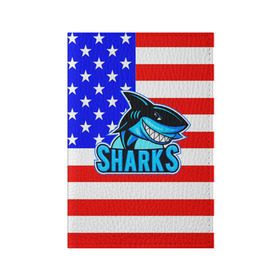 Обложка для паспорта матовая кожа с принтом Sharks USA в Рязани, натуральная матовая кожа | размер 19,3 х 13,7 см; прозрачные пластиковые крепления | Тематика изображения на принте: sharks | usa | акула | америка | американец | символика америки | сша