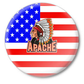 Значок с принтом Apache в Рязани,  металл | круглая форма, металлическая застежка в виде булавки | Тематика изображения на принте: apache | usa | америка | американец | индейцы | символика америки | сша
