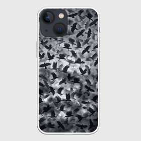 Чехол для iPhone 13 mini с принтом Вороны в Рязани,  |  | Тематика изображения на принте: ворон | ворона | воронье | небо | паттрен | птицы | серый | стая | текстура | хеллоуин