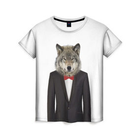 Женская футболка 3D с принтом Волк в Рязани, 100% полиэфир ( синтетическое хлопкоподобное полотно) | прямой крой, круглый вырез горловины, длина до линии бедер | бабочка | волк | животные | костюм | природа | смокинг | собака
