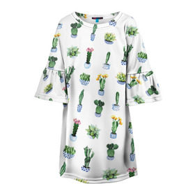 Детское платье 3D с принтом Кактусы в Рязани, 100% полиэстер | прямой силуэт, чуть расширенный к низу. Круглая горловина, на рукавах — воланы | Тематика изображения на принте: горшок | зеленый | кактус | принт | растение | флора | цветы
