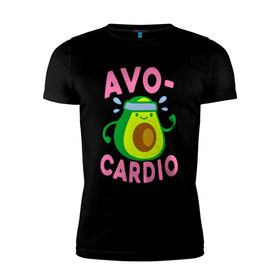 Мужская футболка премиум с принтом Avo-Cardio в Рязани, 92% хлопок, 8% лайкра | приталенный силуэт, круглый вырез ворота, длина до линии бедра, короткий рукав | Тематика изображения на принте: авокадо | еда | кардио | спорт