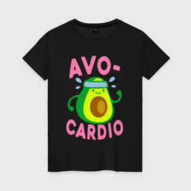 Женская футболка хлопок с принтом Avo-Cardio в Рязани, 100% хлопок | прямой крой, круглый вырез горловины, длина до линии бедер, слегка спущенное плечо | Тематика изображения на принте: авокадо | еда | кардио | спорт