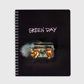 Тетрадь с принтом Green Day магнитофон в огне в Рязани, 100% бумага | 48 листов, плотность листов — 60 г/м2, плотность картонной обложки — 250 г/м2. Листы скреплены сбоку удобной пружинной спиралью. Уголки страниц и обложки скругленные. Цвет линий — светло-серый
 | Тематика изображения на принте: american idiot | green day | альтернативный | билли джо армстронг | грин дей | группа | зелёный день | майк дёрнт | музыка | панк | поп | поппанк | рок | тре кул