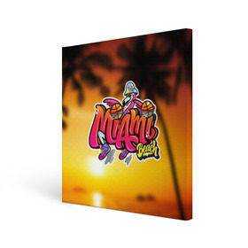 Холст квадратный с принтом Miami Beach в Рязани, 100% ПВХ |  | закат | майами | пейзаж | пляж | солнце