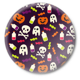 Значок с принтом Halloween в Рязани,  металл | круглая форма, металлическая застежка в виде булавки | Тематика изображения на принте: halloween | сладости | тыква | хэллоуин | череп