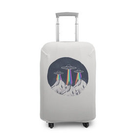 Чехол для чемодана 3D с принтом НЛО в Горах в Рязани, 86% полиэфир, 14% спандекс | двустороннее нанесение принта, прорези для ручек и колес | горы | елки | звезды | земля | инопланетяне | небо | ночь | радуга | снег | тарелка | эверест | эльбрус