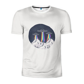 Мужская футболка 3D спортивная с принтом НЛО в Горах в Рязани, 100% полиэстер с улучшенными характеристиками | приталенный силуэт, круглая горловина, широкие плечи, сужается к линии бедра | горы | елки | звезды | земля | инопланетяне | небо | ночь | радуга | снег | тарелка | эверест | эльбрус