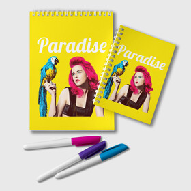 Блокнот с принтом Paradise в Рязани, 100% бумага | 48 листов, плотность листов — 60 г/м2, плотность картонной обложки — 250 г/м2. Листы скреплены удобной пружинной спиралью. Цвет линий — светло-серый
 | лето | малиновое вино | попугай | прическа | рай | эмоции