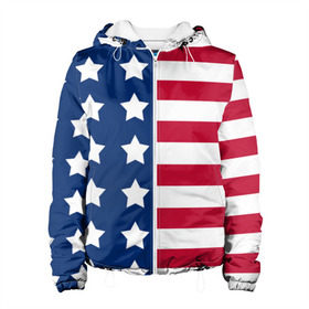 Женская куртка 3D с принтом USA Flag в Рязани, ткань верха — 100% полиэстер, подклад — флис | прямой крой, подол и капюшон оформлены резинкой с фиксаторами, два кармана без застежек по бокам, один большой потайной карман на груди. Карман на груди застегивается на липучку | star | usa | америка | белый | звезды | красный | линии | полосы | популярные | синий | сша | триколор | туристические | флаг | цвет | штаты