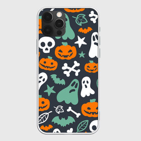 Чехол для iPhone 12 Pro Max с принтом Halloween в Рязани, Силикон |  | звёзды | кости | летучие мыши | листья | привидения | тыквы