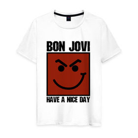 Мужская футболка хлопок с принтом Bon Jovi, have a nice day в Рязани, 100% хлопок | прямой крой, круглый вырез горловины, длина до линии бедер, слегка спущенное плечо. | bon jovi | бон | бон джови | глэм | группа | джови | джон | метал | рок | хард